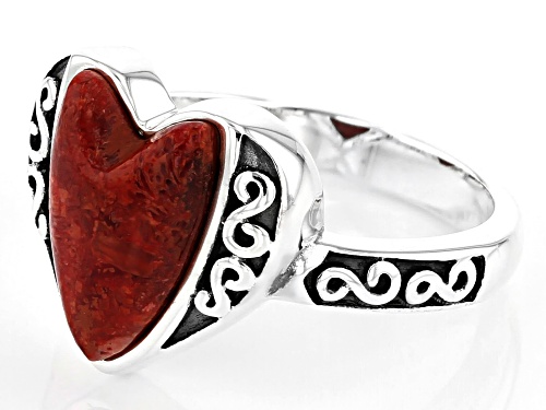 Southwest Style By JTV™ 12X8mm Heart Shape Red Coral Rhodium Over Sterling Silver Ring - Size 9
