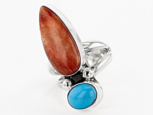 Southwest Style By JTV™ Spiny Oyster Shell with Sleeping Beauty Turquoise Rhodium Over Silver Ring - Size 6