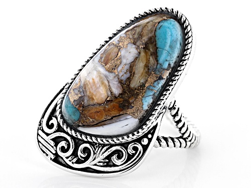 Southwest Style By JTV™22x12mm Blended Turquoise and Spiny Oyster Rhodium Over Silver Ring - Size 9