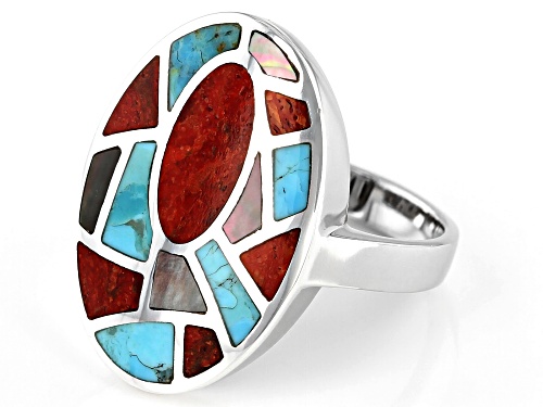 Southwest Style by JTV™ Red Coral, Turquoise and Mother-of-Pearl Rhodium Over Silver Inlay Ring - Size 8