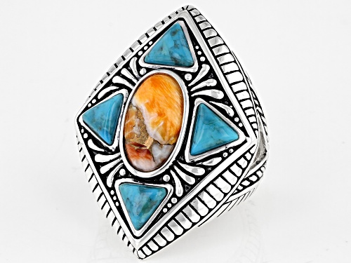 Southwest Style By JTV™ Orange Spiny Oyster Shell & Blue Turquoise Rhodium Over Sterling Silver Ring - Size 8