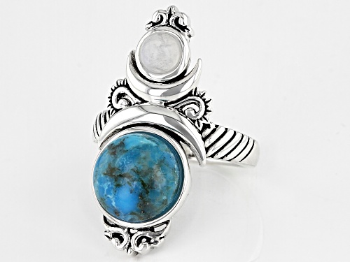 Southwest Style By JTV™, Turquoise and Rainbow Moonstone Rhodium Over Silver Celestial Ring - Size 8