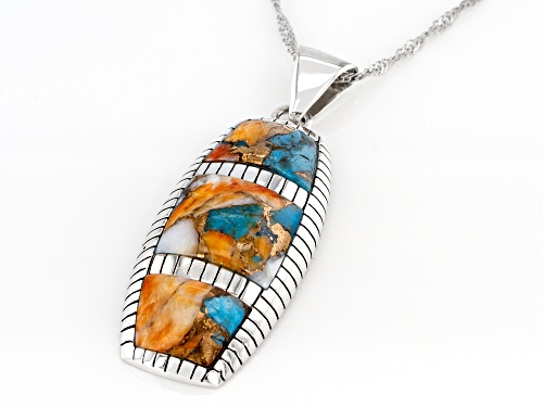 Southwest Style By JTV™,Blended Turquoise & Oyster Shell Rhodium Over Silver Inlay Pendant /Chain