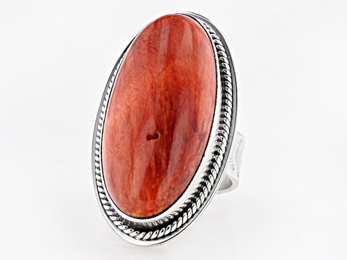 Southwest Style By JTV™ Oval Orange Spiny Oyster Shell Rhodium Over Silver Solitaire Ring - Size 6