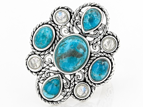 Southwest Style By JTV™  Turquoise and Rainbow Moonstone Rhodium Ober Silver Ring - Size 8