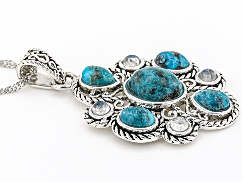 Southwest Style By JTV™ Turquoise and Rainbow Moonstone Rhodium Over Silver Pendant with 18