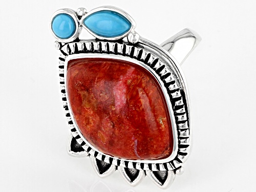 Southwest Style By JTV™ Coral and Sleeping Beauty Turquoise Rhodium Over Sterling Silver Ring - Size 11
