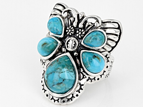 Southwest Style By JTV™ Blue Turquoise Rhodium Over Sterling Silver Oxidized Butterfly Ring - Size 9