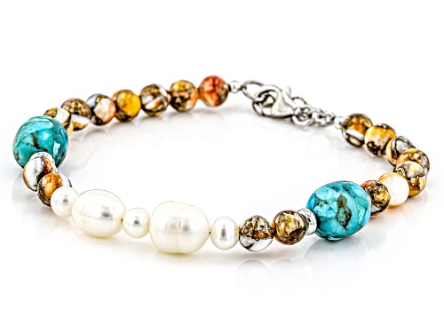 Southwest Style By JTV™ Turquoise, Cultured Freshwater Pearl, & Shell Rhodium Over Silver Bracelet - Size 7