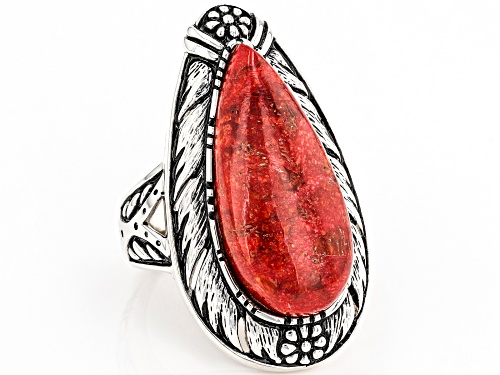 Southwest Style By JTV™ Pear Shaped Red Sponge Coral Rhodium Over Sterling Silver Ring - Size 6