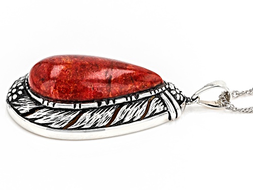 Southwest Style by JTV™ Pear Shaped Red Sponge Coral Rhodium Over Silver Pendent With 18