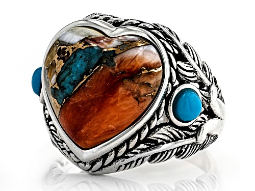 Southwest Style By JTV™ Blended Spiny Oyster and Turquoise Rhodium Over Silver Ring - Size 9