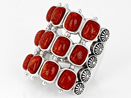 Southwest Style By JTV™ Red Sponge Coral Rhodium Over Sterling Silver Multi Row Ring - Size 7