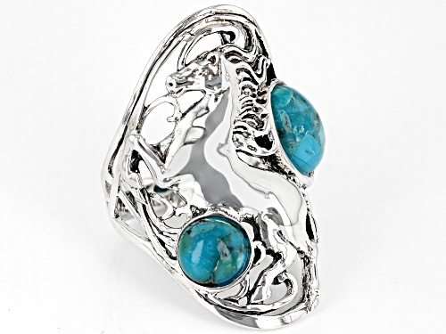 Southwest Style By JTV™ Oval and Round Blue Turquoise Rhodium over Silver Horse 2- Stone Ring - Size 7