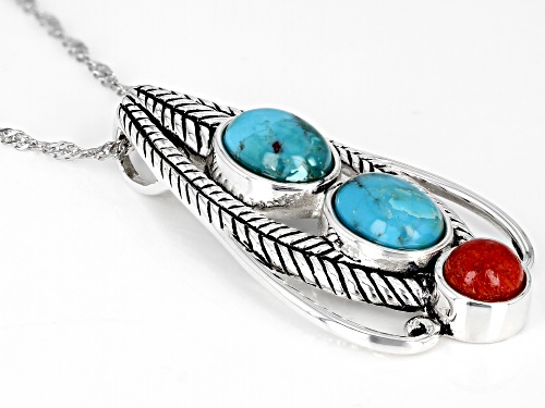 Southwest Style By JTV™ Turquoise and Red Sponge Coral Rhodium over Silver Pendant with Chain