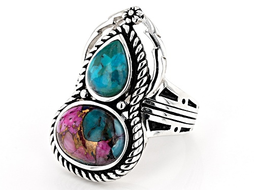 Southwest Style By JTV™ Blended Turquoise and Purple Spiny Oyster Shell Rhodium Over Silver Ring - Size 8