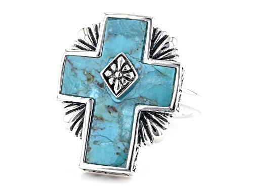 Southwest Style By JTV™ Blue Turquoise Rhodium Over Sterling Silver Cross Ring - Size 11