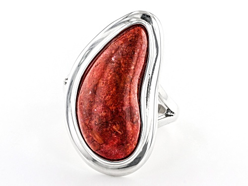 Southwest Style By JTV™ 22x10mm Custom Shape Red Sponge Coral Rhodium over Sterling Silver Ring - Size 11