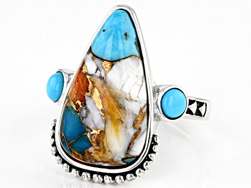 Southwest Style By JTV™ Turquoise, Spiny Oyster, Sleeping Beauty Turquoise Rhodium Over Silver Ring - Size 9