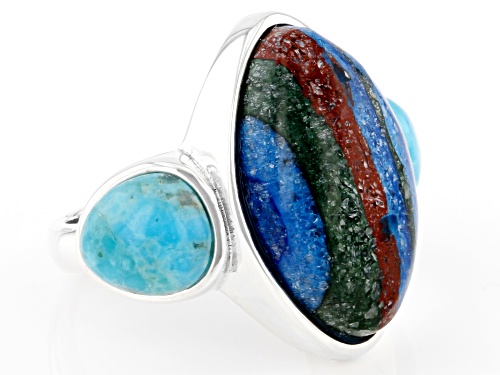 Southwest Style By JTV™  Lab Rainbow Calsilica & Blue Turquoise Rhodium Over Sterling Silver Ring - Size 9