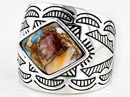 Southwest Style By JTV™ Blended Turquoise and Spiny Oyster Shell Rhodium Over Sterling Silver Ring - Size 7