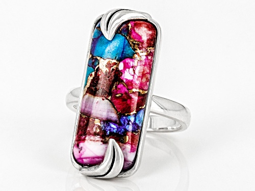Southwest Style by JTV™ Blended Turquoise & Purple Spiny Oyster Shell Rhodium Over Silver Ring - Size 8