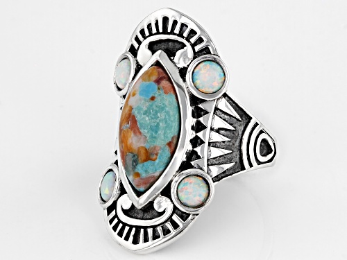 Southwest Style by JTV™ Blended Turquoise With Spiny Oyster & Lab Opal Rhodium Over Silver Ring - Size 7