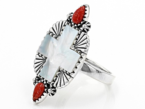 Southwest Style By JTV™ White Mother-of-Pearl Cross With Red Coral Rhodium Over Silver Ring - Size 11
