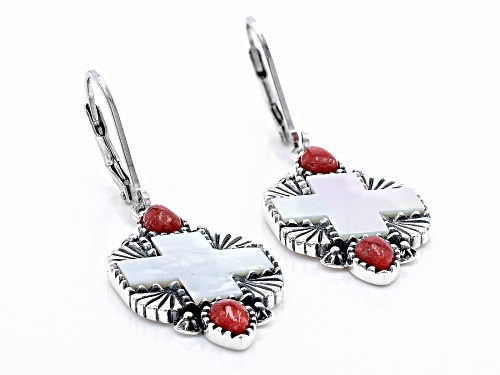 Southwest Style By JTV™ Mother-of-Pearl Cross With Red Coral Rhodium Over Silver Earrings