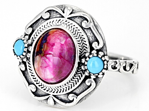 Southwest Style By JTV™ Blended Multi-Color Spiny Oyster W/ Sleeping Beauty Rhodium Over Silver Ring - Size 8