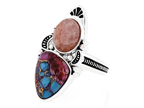 Southwest Style By JTV™ Rhodochrosite with Blended Turquoise & Purple Spiny Oyster Shell Silver Ring - Size 7