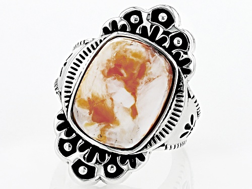 Southwest Style by JTV™ 16x12mm Cushion Orange Spiny Oyster Shell Rhodium Over Sterling Silver Ring - Size 8
