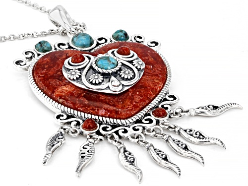 Southwest Style by JTV™ Red Sponge Coral & Turquoise Sterling Silver Heart Shape Enhancer With Chain