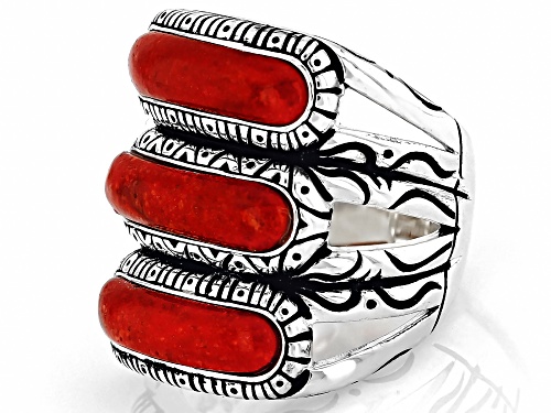 Southwest Style by JTV™ Coral Three Row Elongated Sterling Silver Ring - Size 8