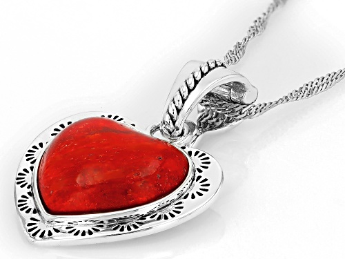 Southwest Style by JTV™ 15x14mm Sponge Red Coral Sterling Silver Heart Enhancer Pendant W/ Chain
