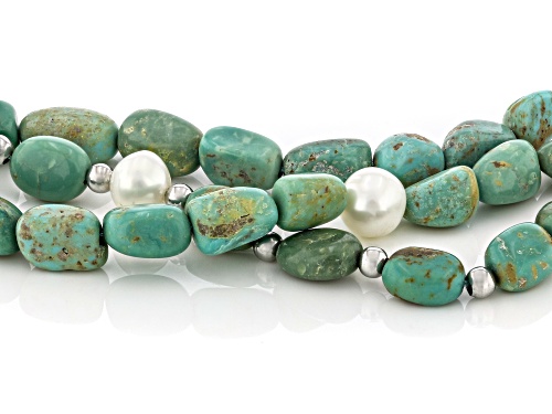 Southwest Style by JTV™ Kingman Turquoise & Cultured Freshwater Pearl Rhodium Over Silver Bracelet - Size 7.5