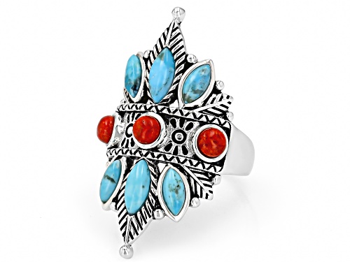 Southwest Style by JTV™ Blue Turquoise & Red Sponge Coral Sterling Silver Statement Ring - Size 7