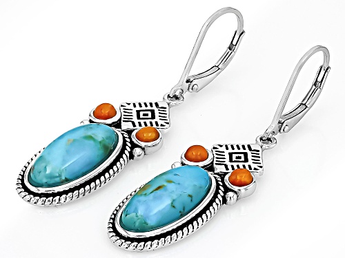 Southwest Style by JTV™ 16x7mm Blue Kingman Turquoise & Spiny Oyster Shell Sterling Silver Earrings