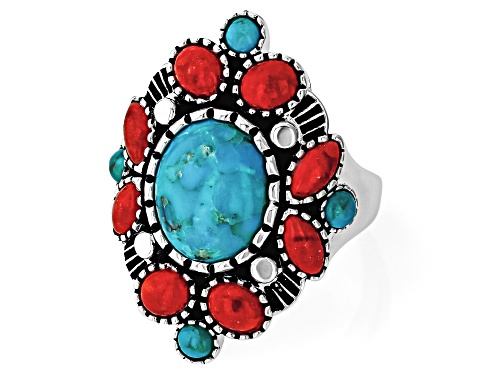 Southwest Style by JTV™ 12x10mm Turquoise & Red Sponge Coral Sterling Silver Ring - Size 6