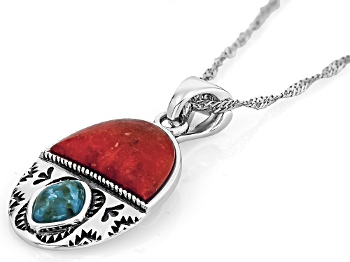 Southwest Style by JTV™ Red Coral & Turquoise Sterling Silver Medallion Pendant With 18