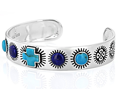 Southwest Style By JTV™ 11x11mm Turquoise & 7mm Lapis Lazuli Sterling Silver Cross Cuff Bracelet - Size 7.5
