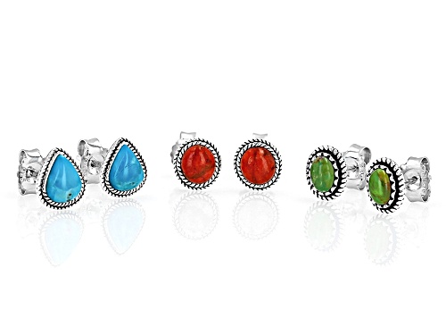 Southwest Style by JTV™ Coral, Green & Blue Turquoise Sterling Silver Set of 3 Stud Earrings