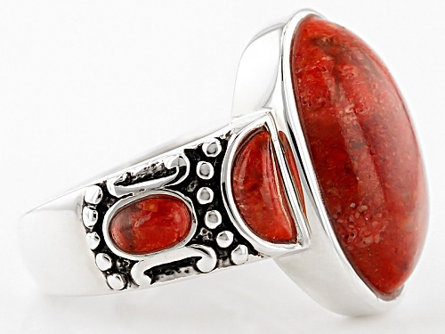Southwest Style By Jtv™ Oval And Crescent Shape Red Sponge Coral Sterling Silver Ring - Size 5