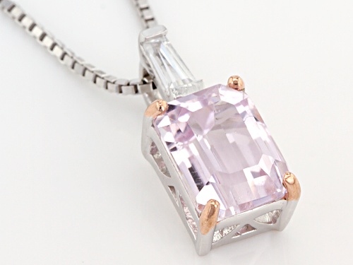 1.72ct Emerald Cut Kunzite With .13ct Tapered Baguette White Zircon Pendant With Chain