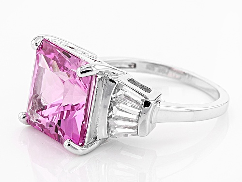 9.70ct Square Lab Created Pink Sapphire & .97ctw Tapered Baguette White Zircon Silver Ring - Size 8