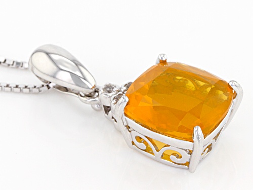 3.10ct Square Cushion Oregon Fire Opal With .05ctw White Zircon Silver Pendant With Chain