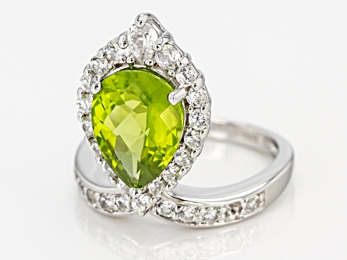 3.04ct Manchurian Peridot™ with 1.40ctw White Zircon Rhodium Over Sterling Silver Ring - Size 8