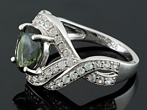 1.06ct Oval Moldavite And 1.16ctw Round White Zircon Sterling Silver Ring - Size 8