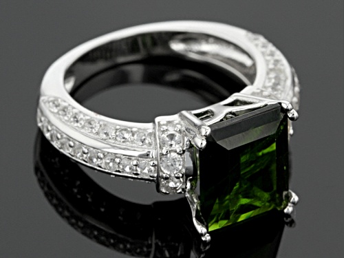 3.23ct Emerald Cut Russian Chrome Diopside & 1.44ctw Mixed Round White Zircon Sterling Silver Ring - Size 8