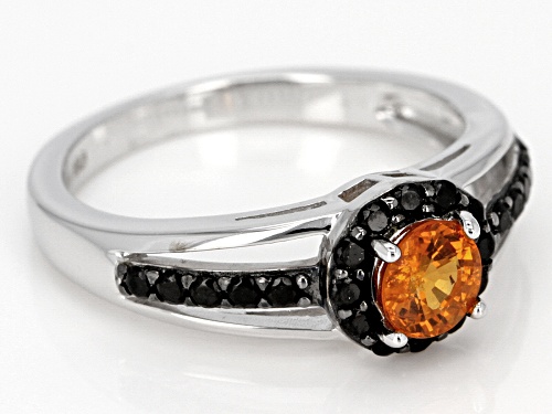 .56ct Round Mandarin Garnet And .35ctw Round Black Spinel Sterling Silver Ring - Size 9